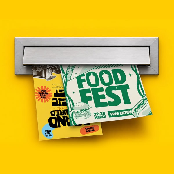 Two colourful flyers, including one for a food fest, partially inserted in a mail slot.
