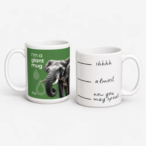 Two mugs: one with an elephant image and “I’m a giant mug,” the other with a coffee level gauge.