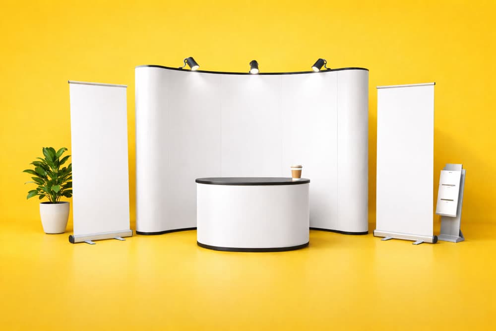White trade show booth setup with banners, counter, and a potted plant on a yellow background.