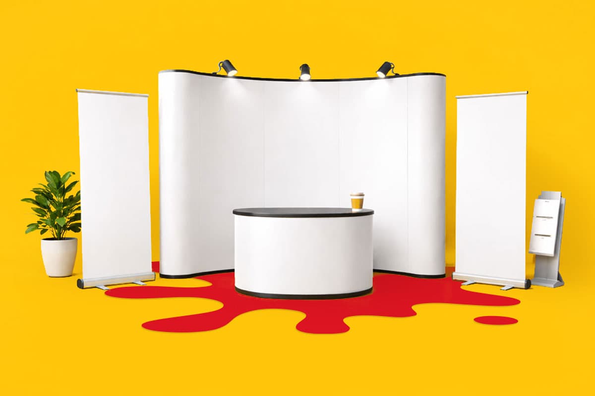 Trade show booth setup with white panels, banners, a counter, a plant, and a brochure stand.