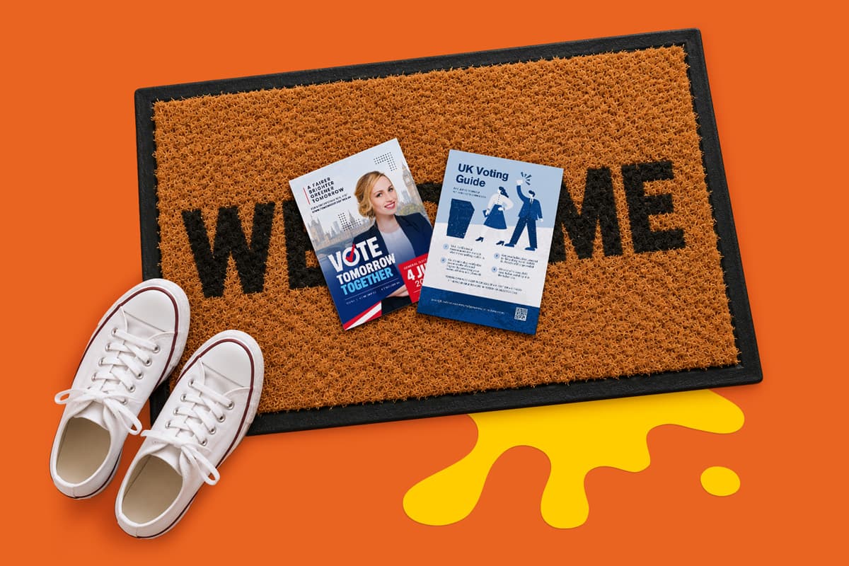 Welcome mat with two flyers and white sneakers on an orange floor with a yellow paint splash.