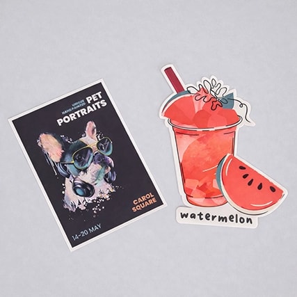 A flyer for pet portraits and a watermelon drink sticker are placed on a light gray surface.