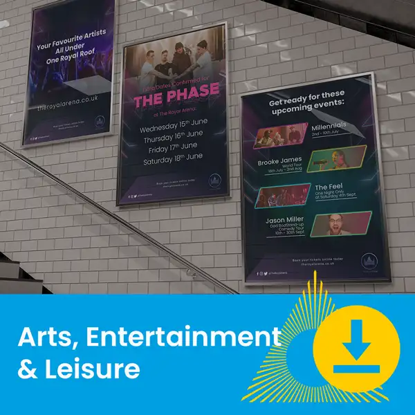 Three event posters displayed on a stairwell wall, promoting upcoming shows and performances.