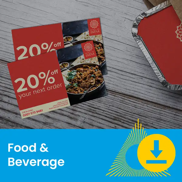 Two 20% off food coupons on a wooden table next to a red takeout container.