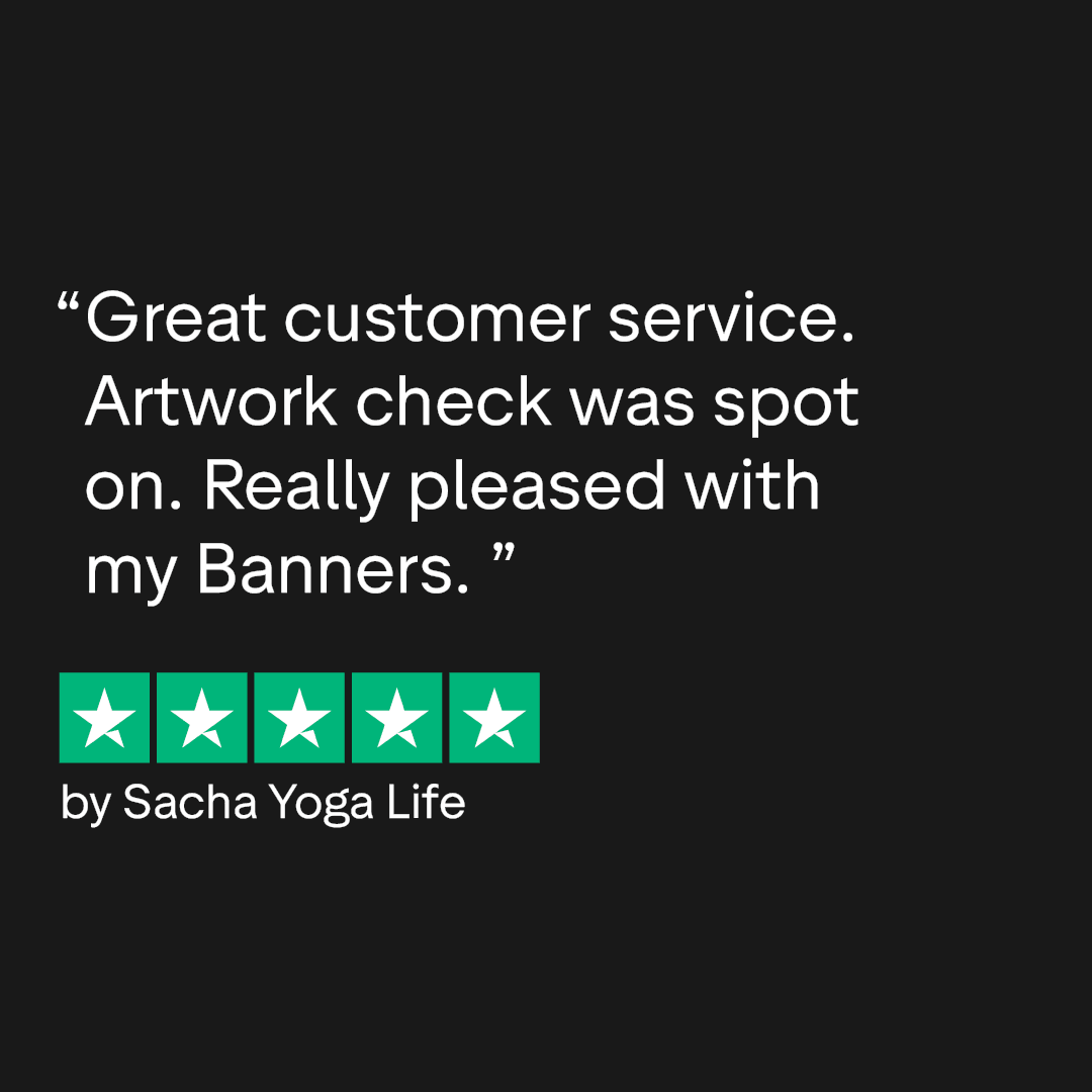 Customer review praising service and artwork check, with a five-star rating by Sacha Yoga Life.