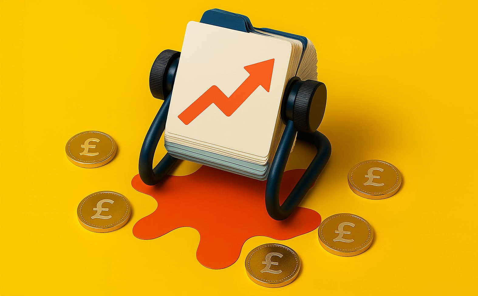 A chart with an upward arrow beside pound coins on a yellow background.