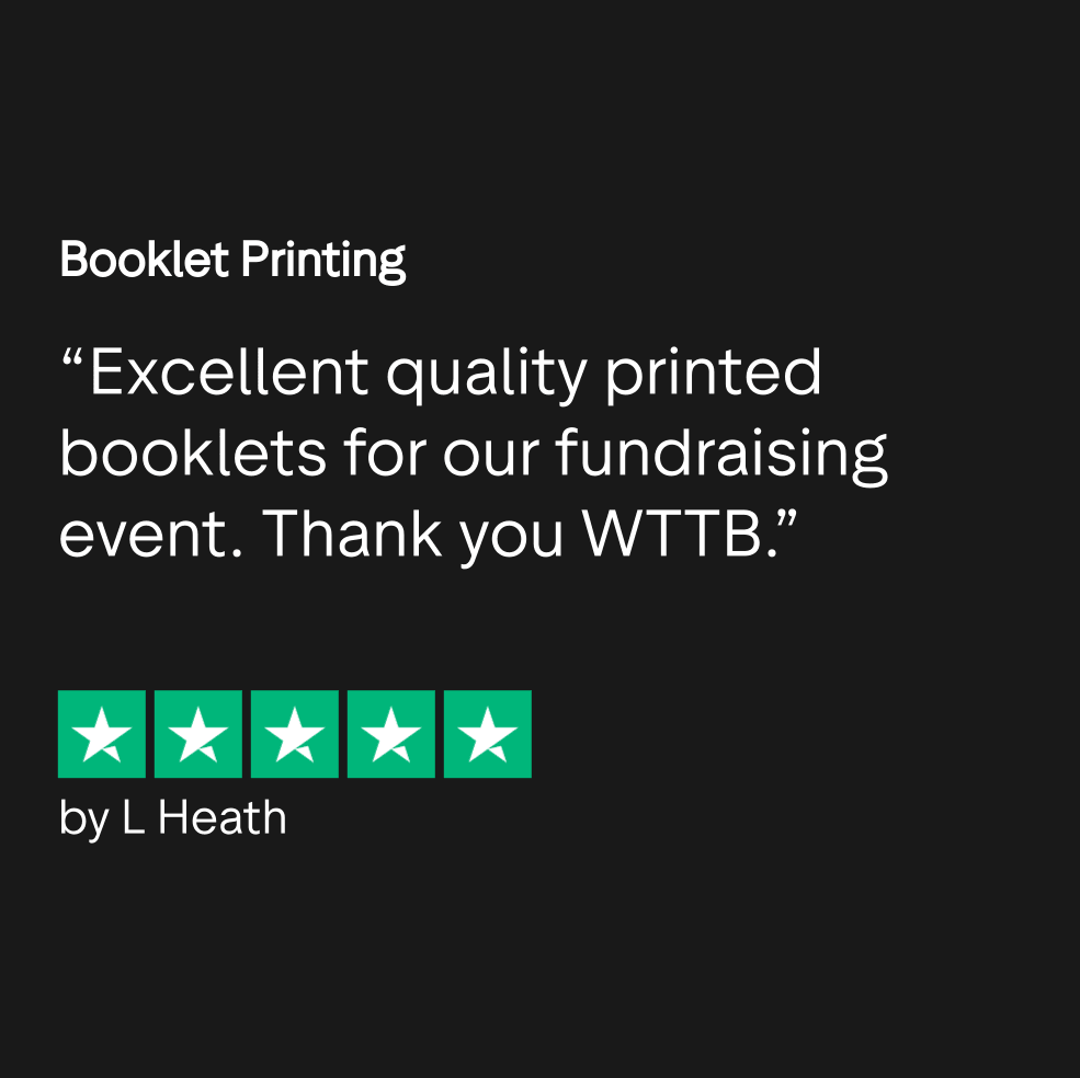 Customer review for booklet printing with a 5-star rating by L Heath on a black background.