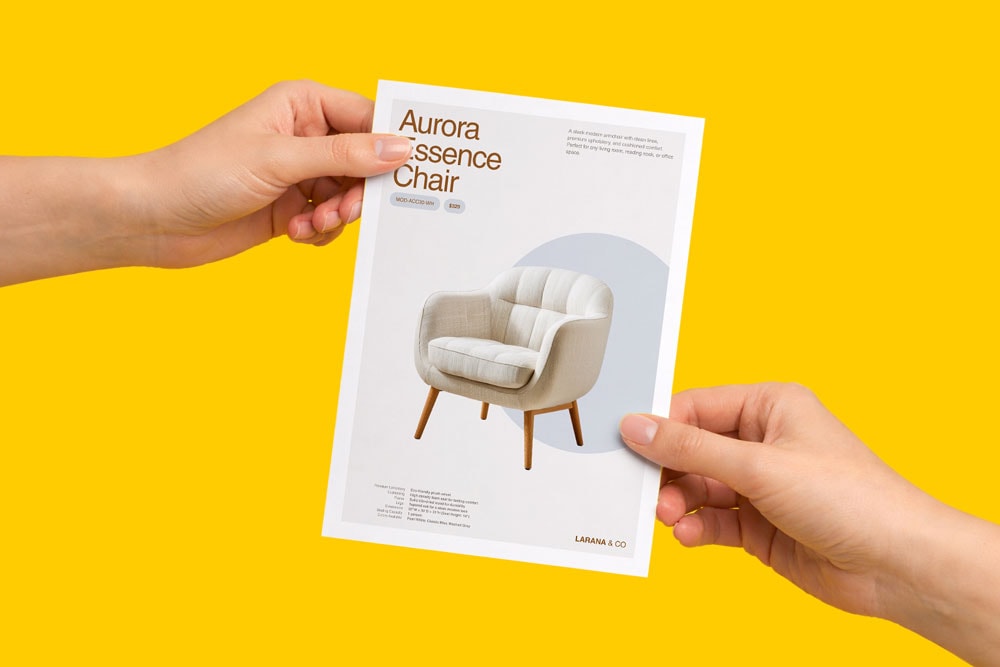 Two hands hold a flyer featuring a white cushioned chair on a bright yellow background.