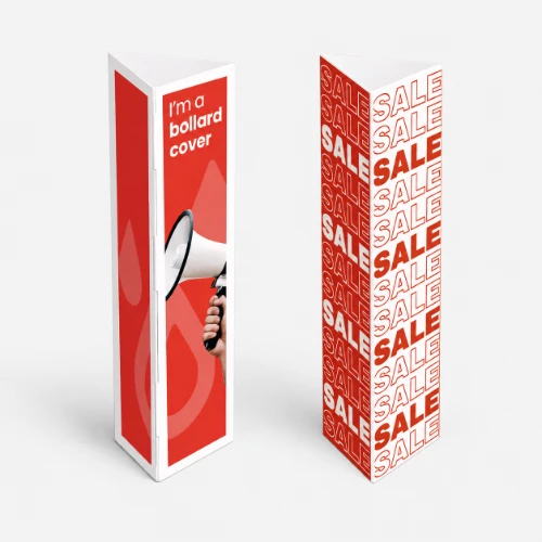 Two triangular bollard covers, one with a megaphone graphic and one with repeated "SALE" text.