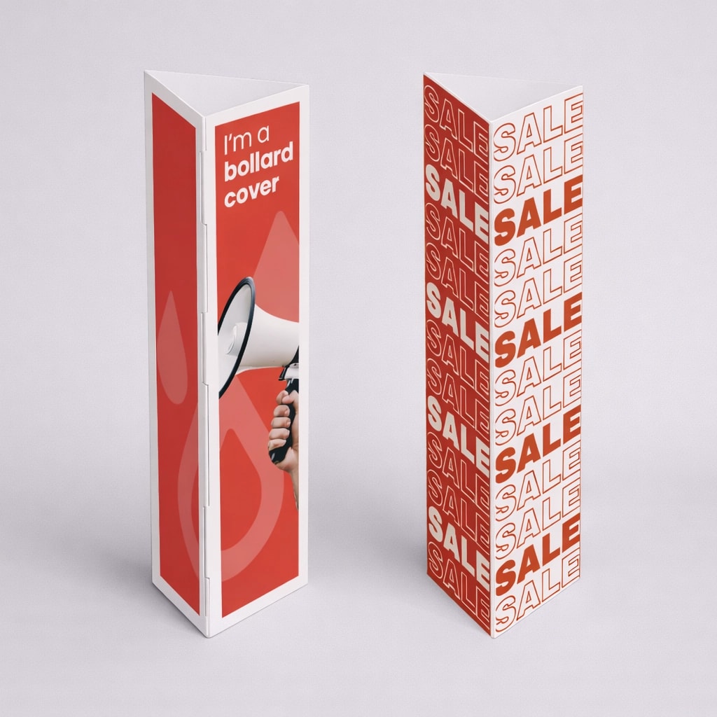 Two triangular bollard covers, one with a megaphone graphic and one with repeated "SALE" text.