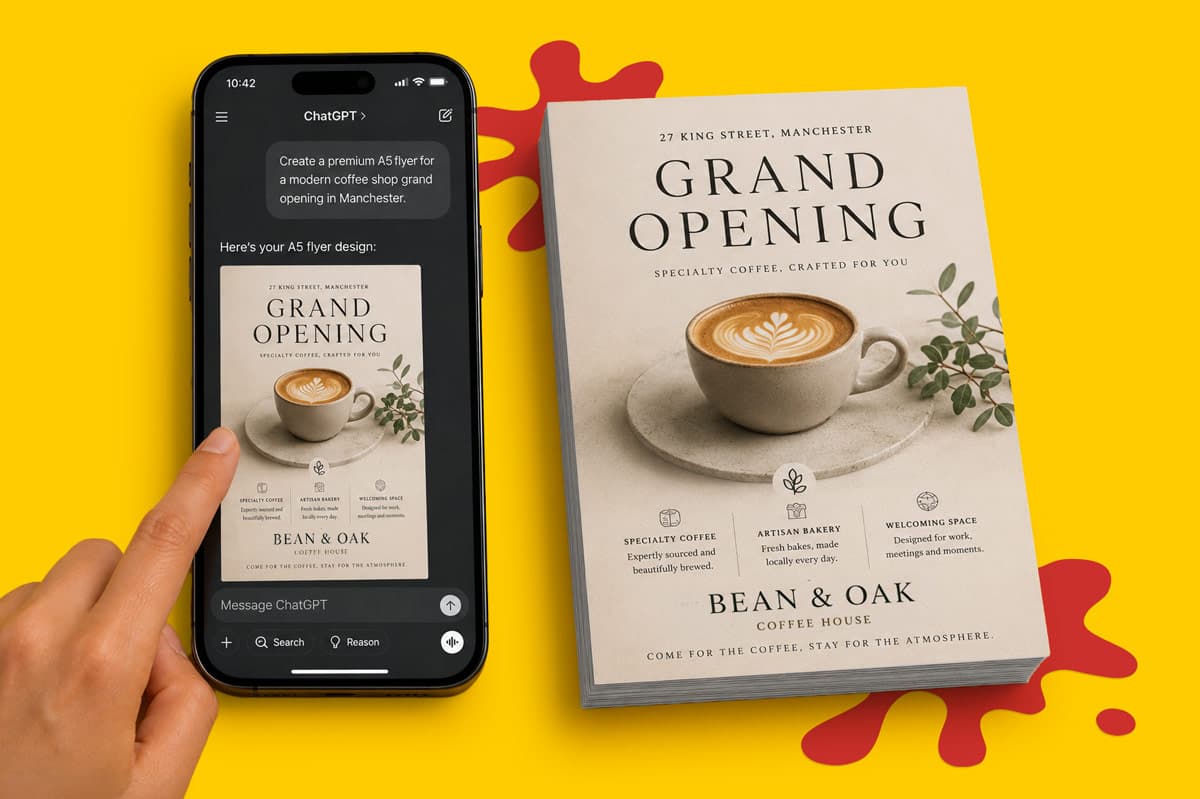 Hand pointing at a phone displaying a digital flyer, next to a printed “Grand Opening” flyer.
