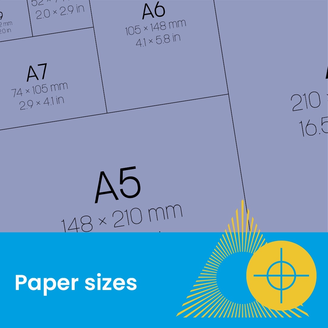 Diagram showing various A-series paper sizes with measurements, labeled "Paper sizes" at the bottom.