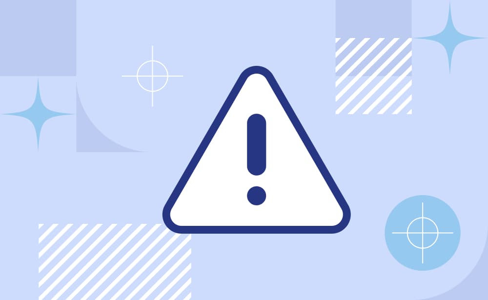 Triangle warning sign with exclamation mark on a blue geometric background.
