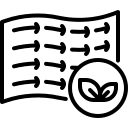 Rows of crops with arrows and a circular leaf icon in the foreground.