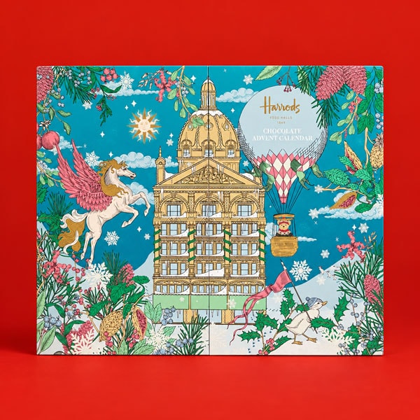 Harrods chocolate advent calendar with festive, ornate building illustration.