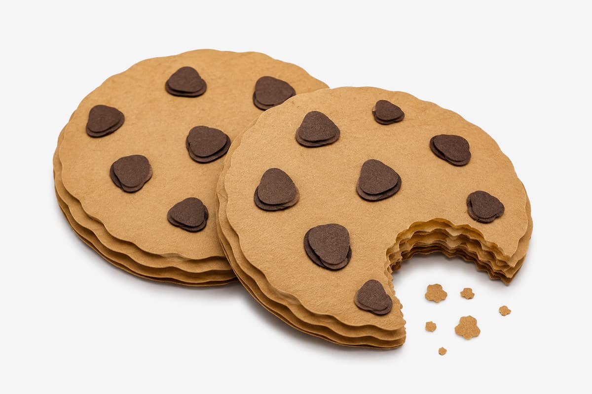 Two stacked chocolate chip cookies, one with a bite taken out and crumbs nearby.