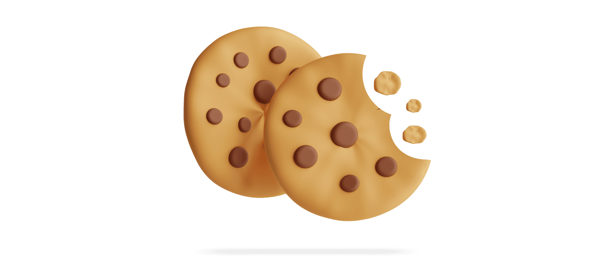 Two chocolate chip cookies, one partially eaten, isolated on a white background.