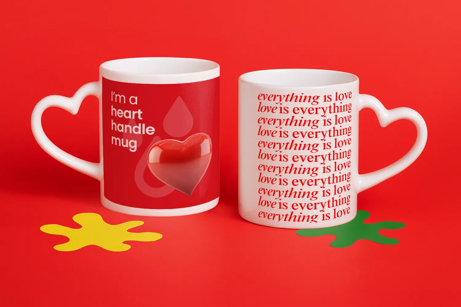 Two mugs with heart-shaped handles on a red background, each featuring love-themed text.