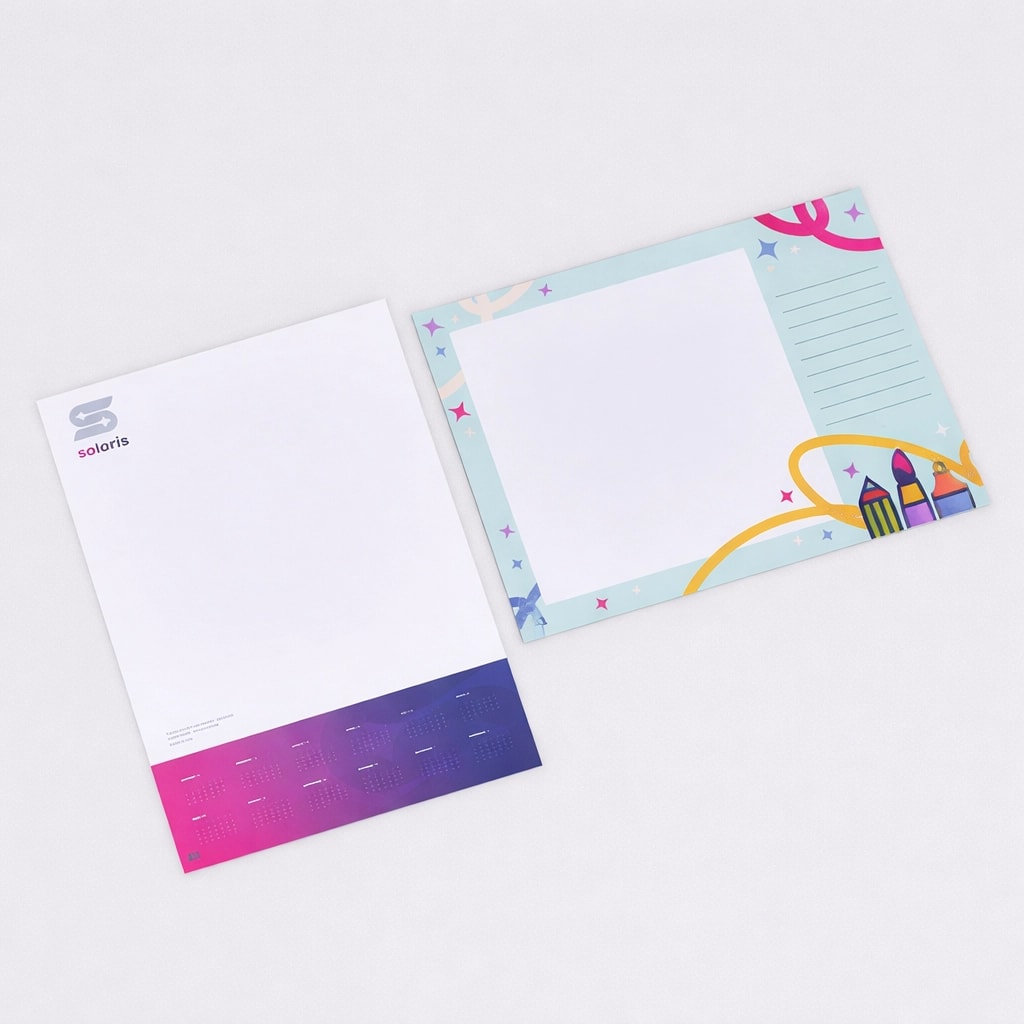 Two desk pads, one with a business design and one with a colorful, playful border.