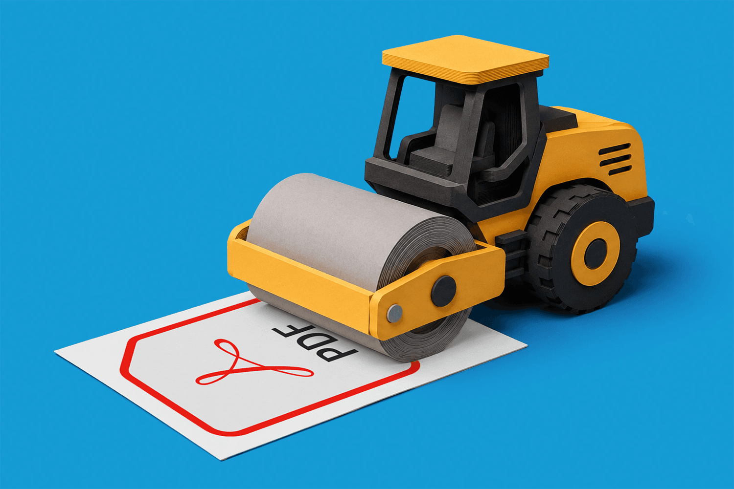 Toy steamroller flattening a sheet of paper with a PDF icon against a blue background.