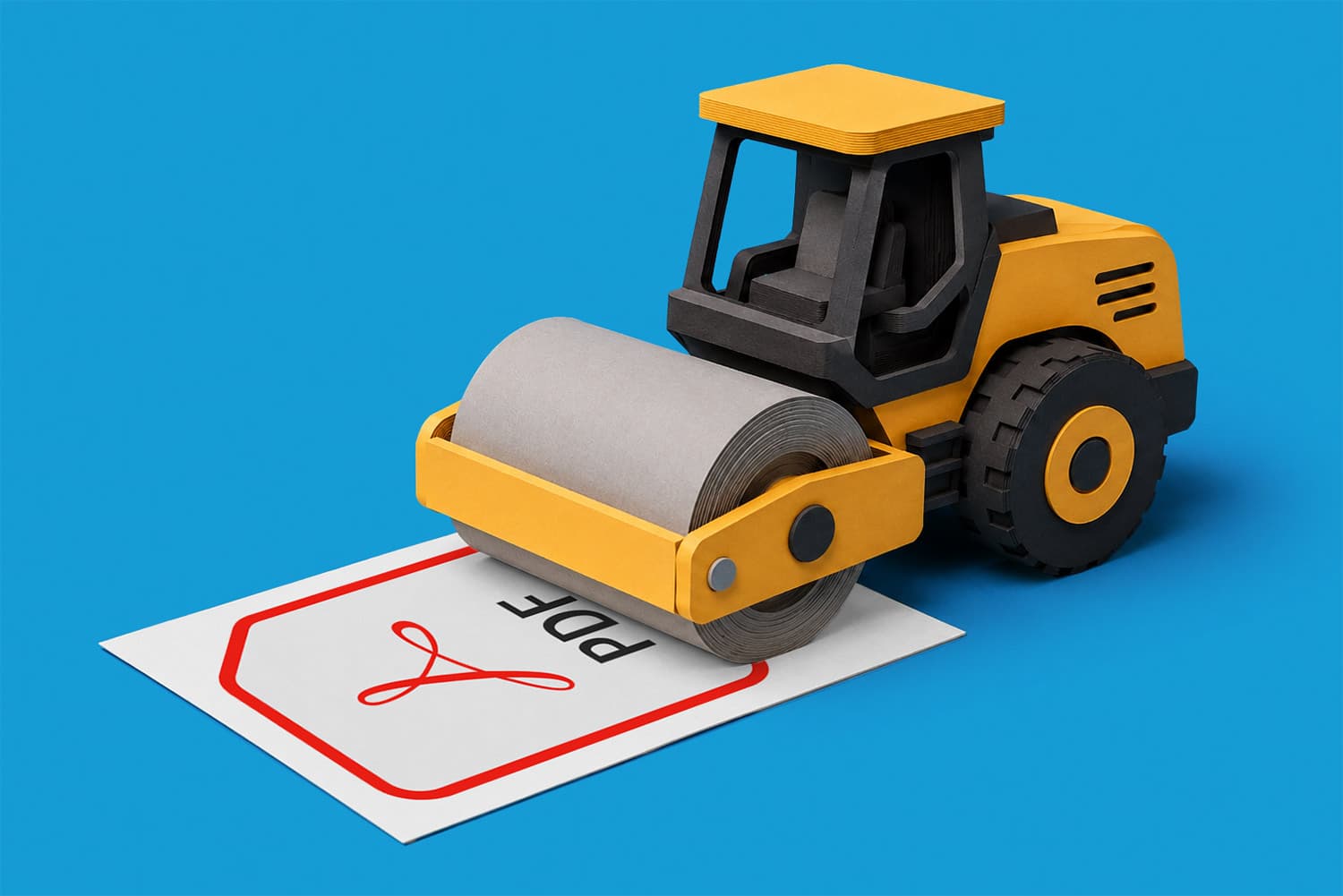 Toy steamroller flattening a sheet of paper with a PDF icon against a blue background.