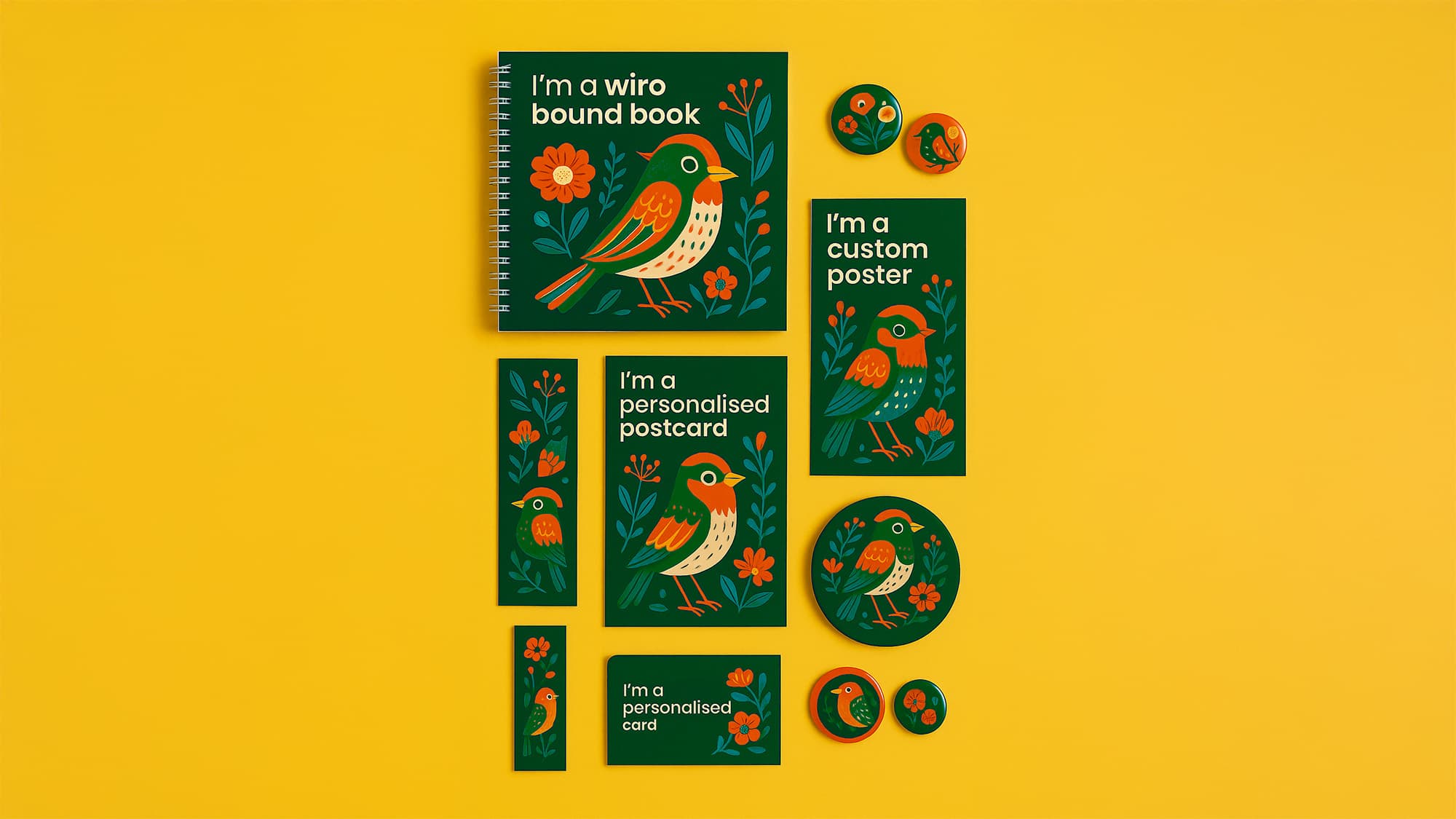 Stationery items with bird and flower designs on a yellow background, labelled by type.