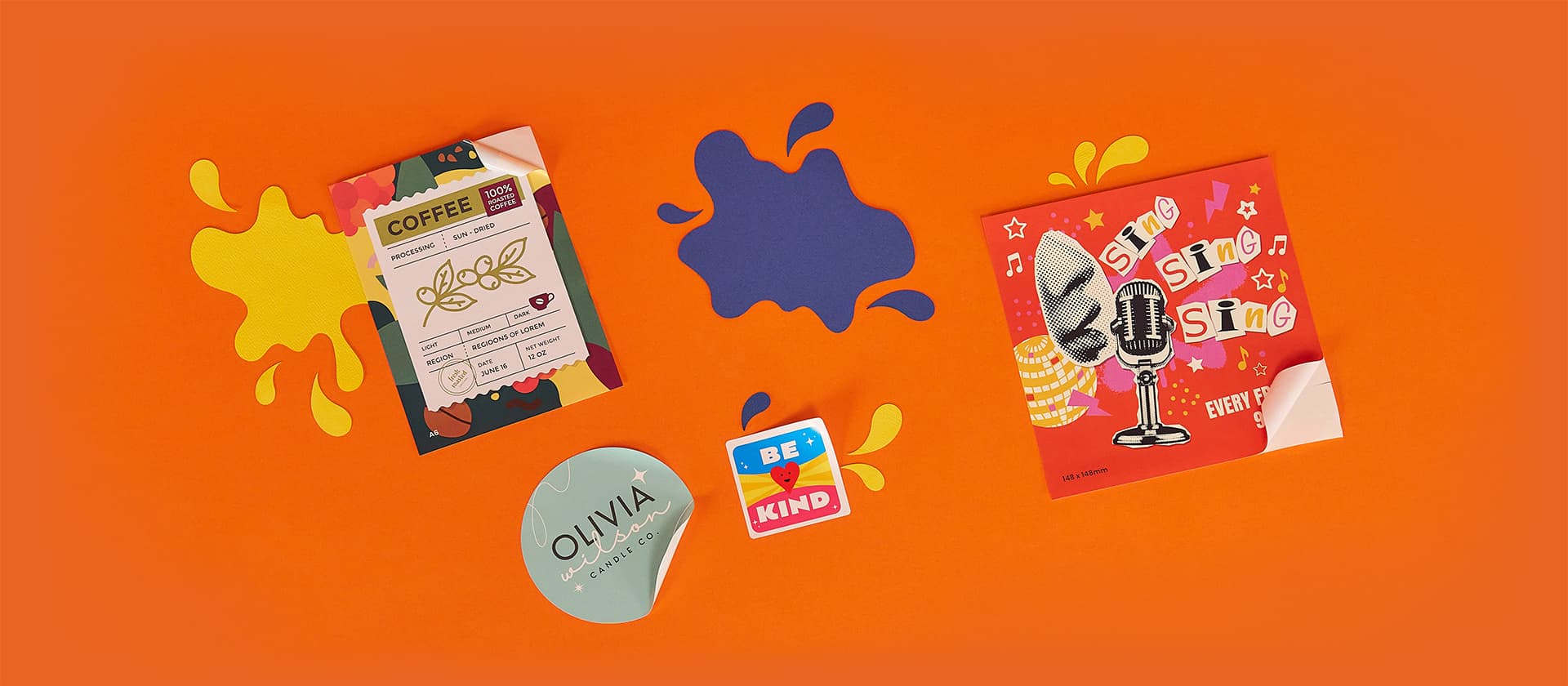 Colorful printed stickers and splashes on an orange background.