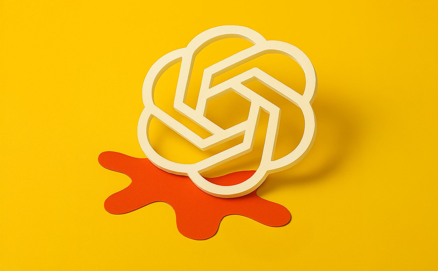 A white geometric ChatGPT logo on a yellow background above a red ink splatter.