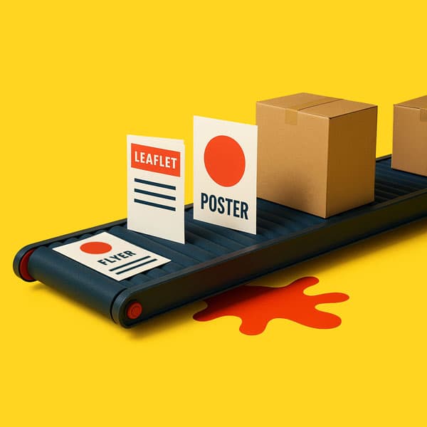 Flyer, leaflet, poster, and boxes on a conveyor belt over a red paint spill, yellow background.