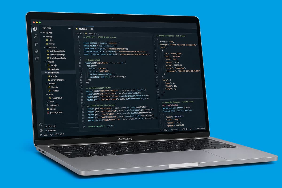 A MacBook Pro displays code in a dark theme text editor, against a solid blue background.