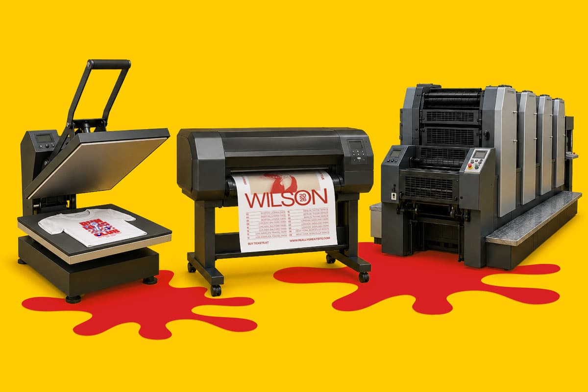 Three printing machines on a yellow background with red ink splatters on the floor.
