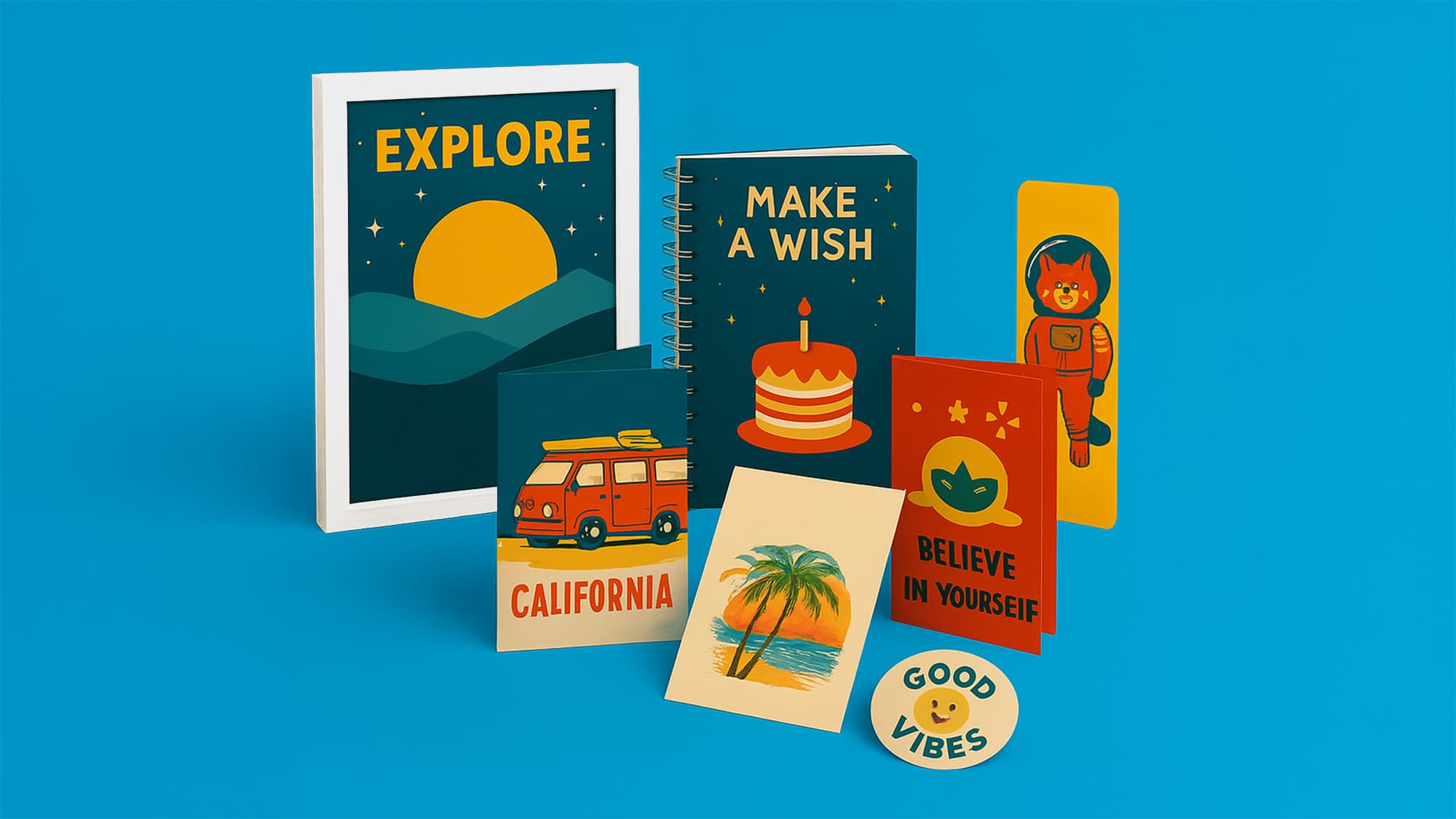 Assorted colourful stationery items with inspirational messages arranged on a blue background.