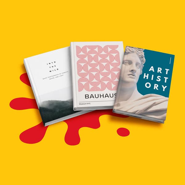 Three books—Into the Wild, Bauhaus, and Art History—on a yellow background with red shapes.
