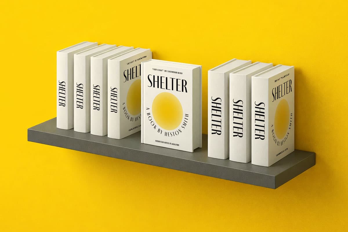Eight copies of the book "Shelter" are displayed on a gray wall shelf against a yellow background.