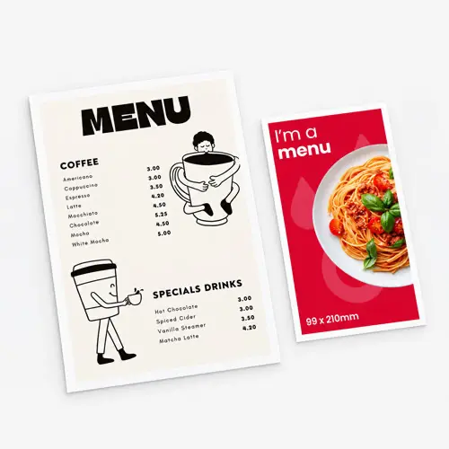 Two menu cards featuring coffee, tea, and pasta options.