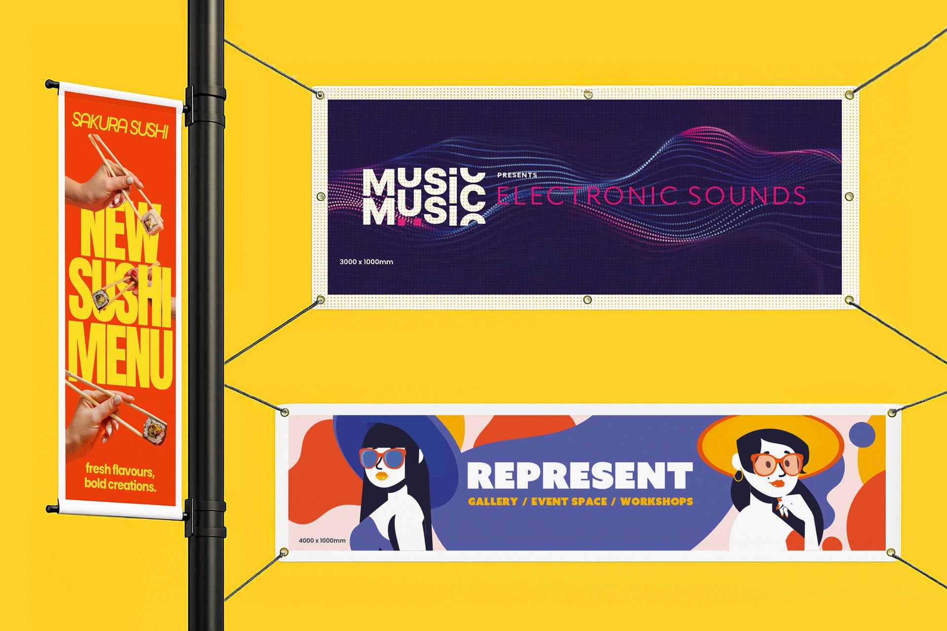 Three colourful banners advertising sushi, electronic music, and an event space, on a yellow background.