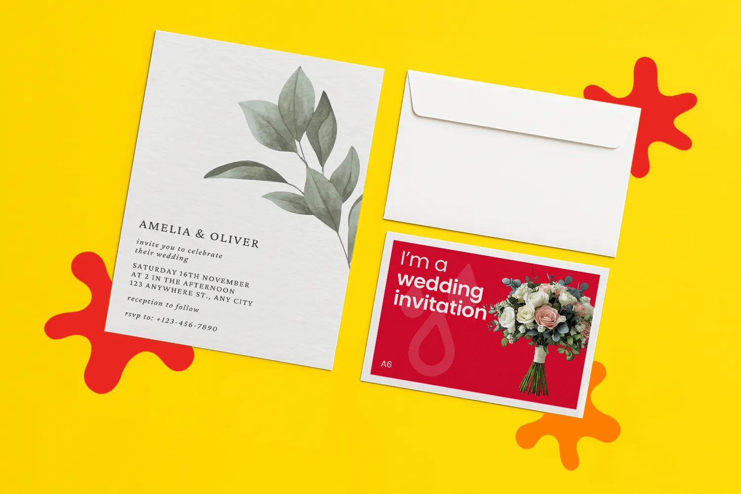 Two wedding invitations and an envelope are arranged on a yellow background with red shapes.