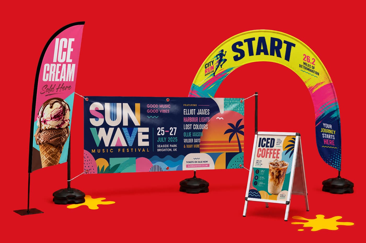 Colourful promotional banners and signs for events and products displayed on a bright red background.