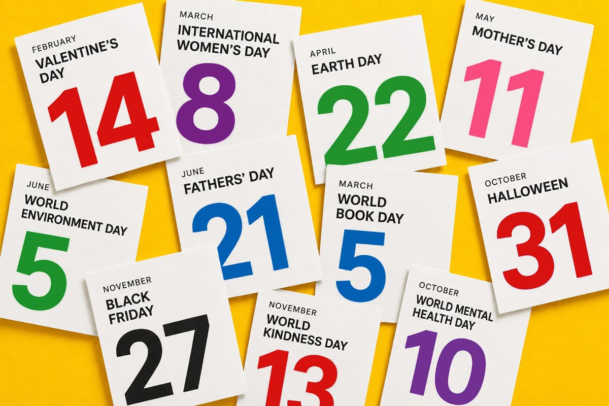 Assorted calendar pages displaying international holidays and observances on colourful numbers.