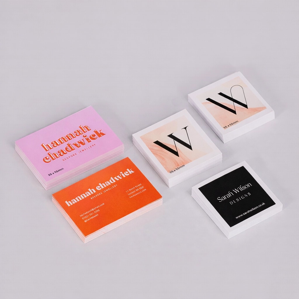 Stacks of colorful business cards arranged on a light gray surface with spot UV.