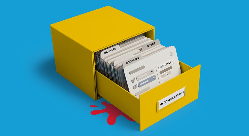 A yellow file drawer labeled "MY CONFIGURATIONS" holds organized digital file cards.