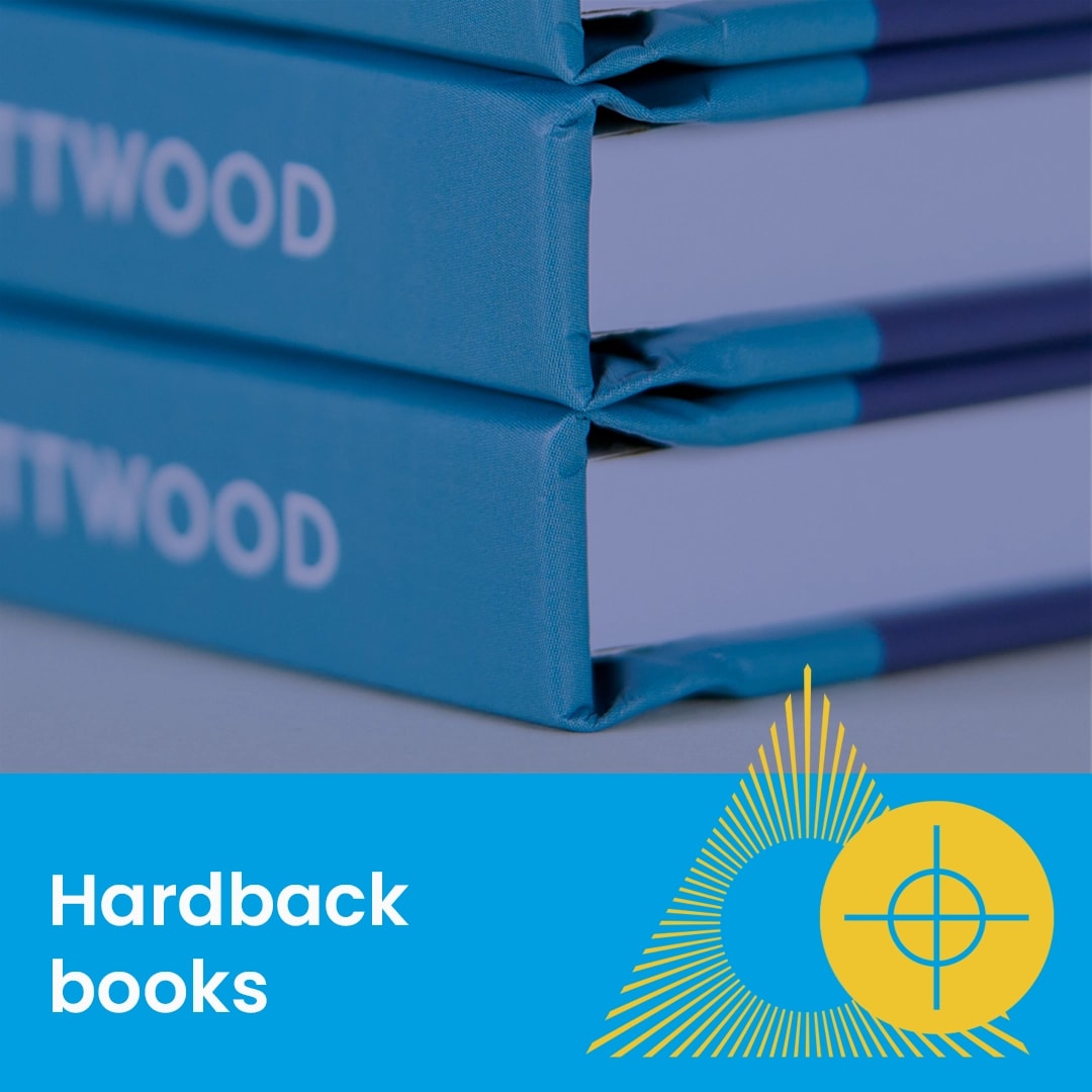 Text reads "Hardback Books: Cover setup guide" on a blue background with yellow graphic accents.