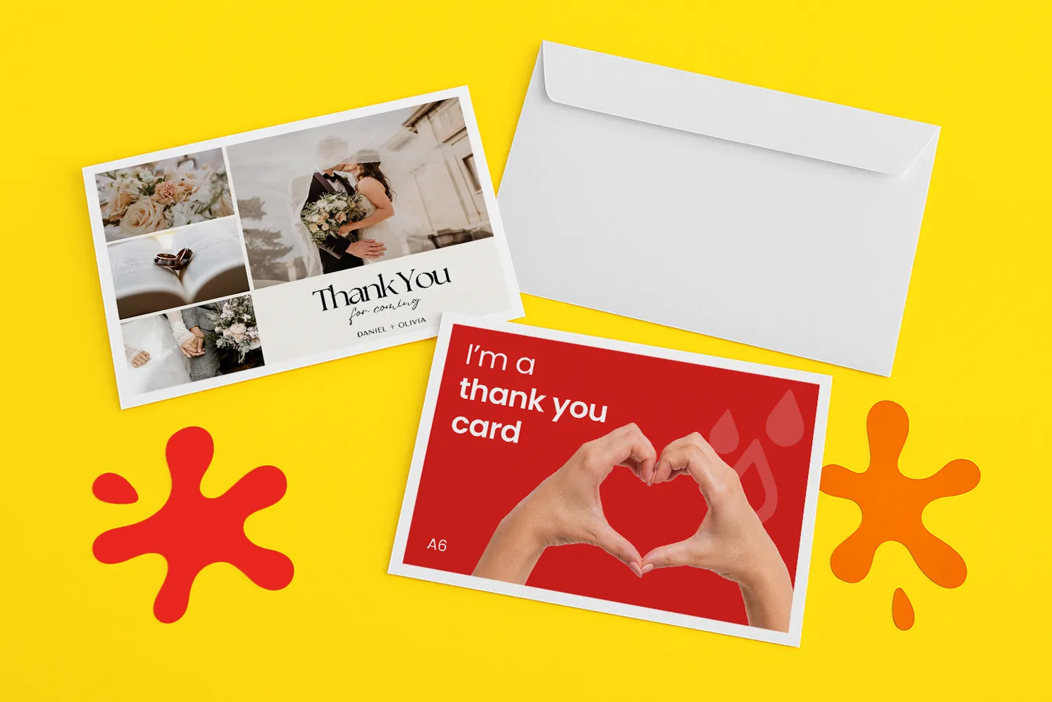 Two thank you cards and a white envelope on a yellow background with orange paint splatters.