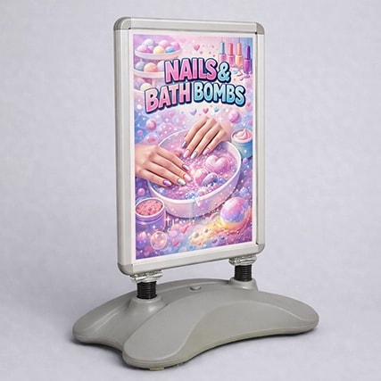 A sign advertising nails and bath bombs with an image of hands in a colorful bowl.