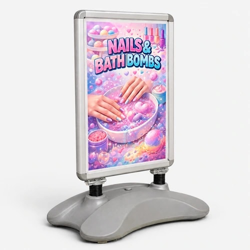 A sign advertising nails and bath bombs with an image of hands in a colourful bowl.