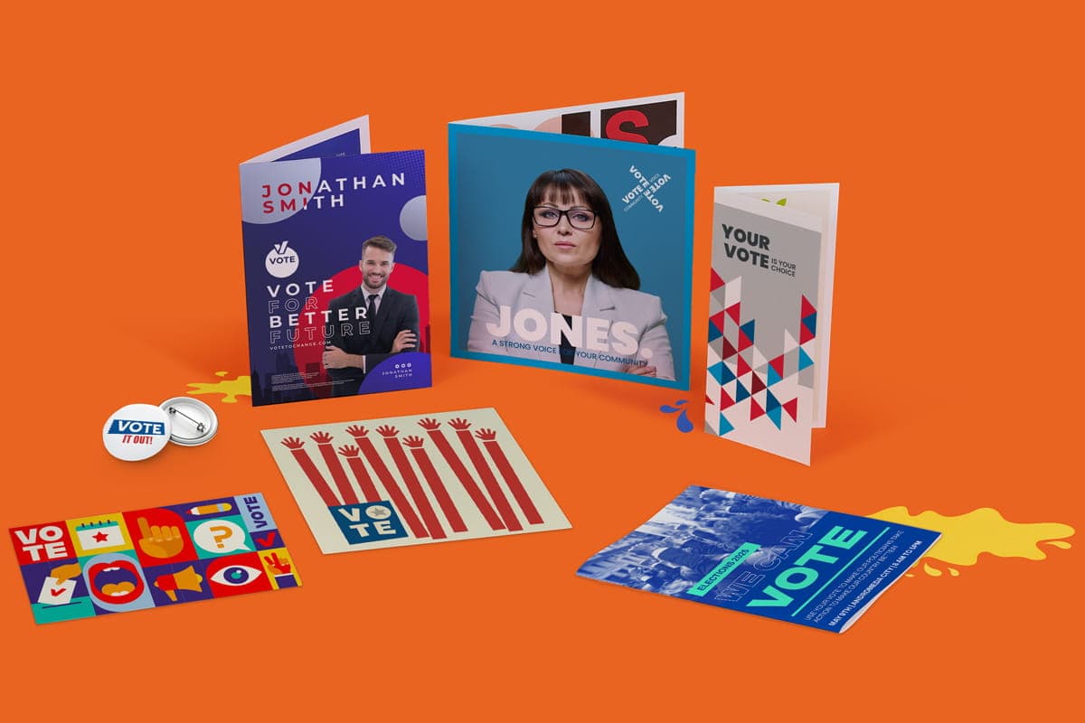 A set of colourful election campaign materials: flyers, buttons, stickers, and brochures.