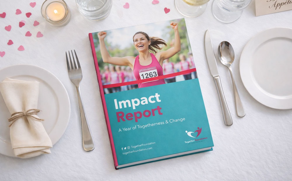Impact report booklet on a table set for a meal with plates, cutlery, and candles.