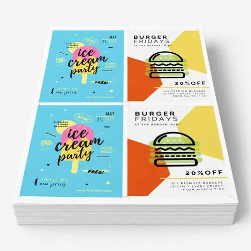 Stack of flyers advertising an ice cream party and a 20% off Burger Fridays event.