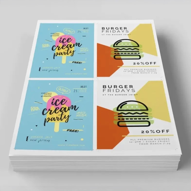 Stack of flyers advertising an ice cream party and a 20% off Burger Fridays event.