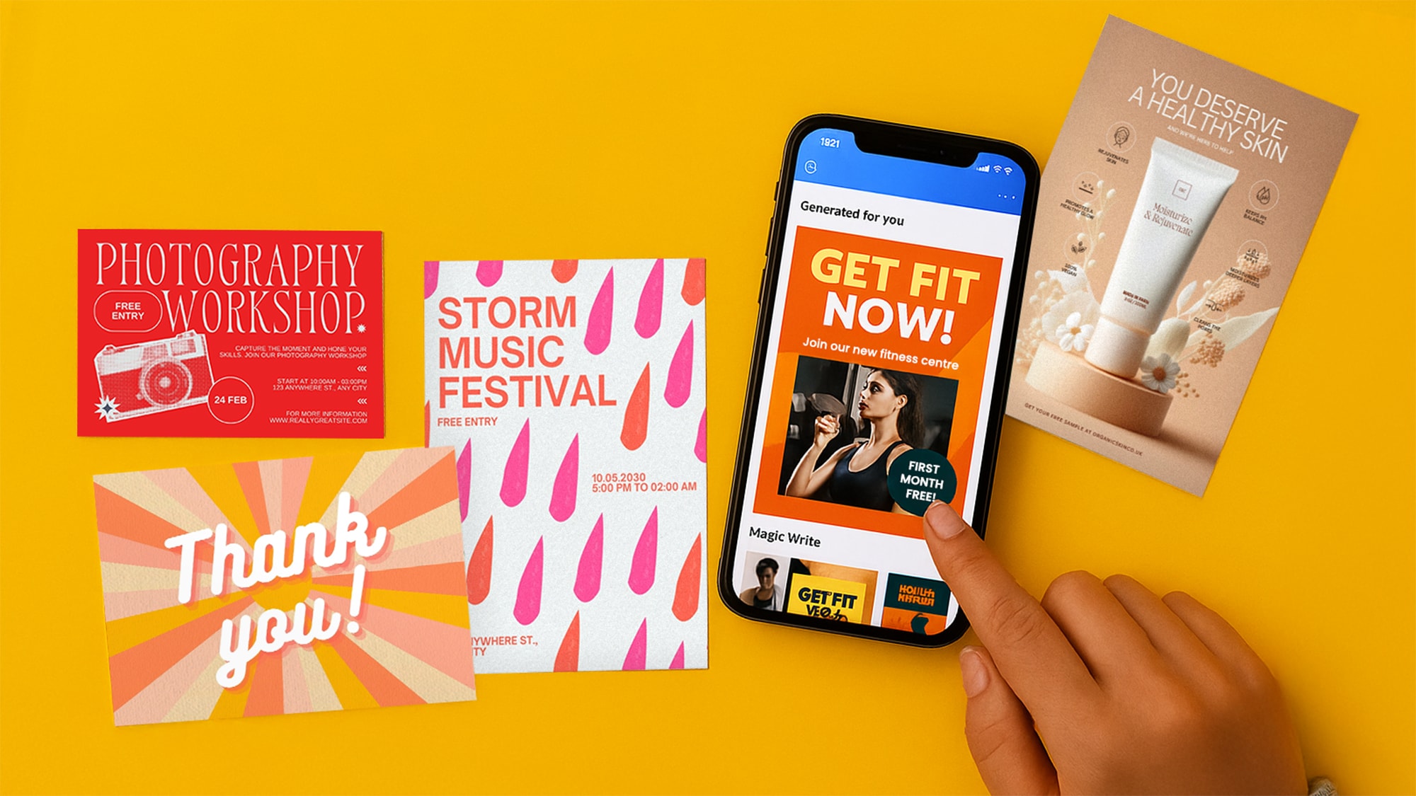 A hand uses a phone with fitness ads, surrounded by printed event flyers and thank you card.